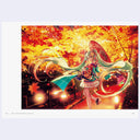 Colorful anime-style character with flowing hair in a vibrant autumn setting.