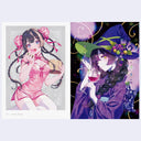 Two anime-style character illustrations, one in pink and the other in purple, on a light gray background.