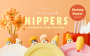 Decorative mini figures from the Shrimp Meow series by mofusand on an orange background.