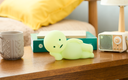 Light green cartoon-like creature, laying on its side with its hand propping up its head.  It sits on a wooden desk with a mug, books, and a radio.