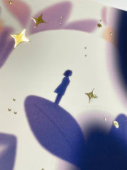 Full bleed illustration of a small woman, silhouetted in purple sitting atop of a leaf, framed by many other leaves. Behind her, is a white silhouette of a larger woman, facing the other direction . Gold sparkles decorate the piece. 