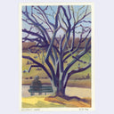 A stylized landscape artwork depicting a large bare tree in Prospect Park, with a seated figure on a bench, rendered in blue, purple, yellow, and green tones on a white paper background.