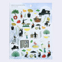 Sheet of illustrated stickers featuring people, objects, and nature on a light blue background.