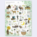 Sheet of illustrated stickers with various characters and objects on a green patterned background.