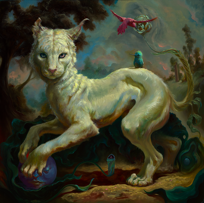 Finely rendered oil painting with dark lighting and muddy coloring. A white lynx like creature stands, looking at the viewer with its front paws resting on a dark blue sphere with a human face. The lynx's tail is a blossoming flower with a hummingbird drinking from it. Atop the lynx's back is a blue bird.