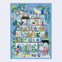 1000 piece puzzle of a colorful illustration of a bookshelf with many trinkets, decorative items and several cats climbing onto it.