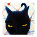Colored pencil illustration of a black cat with yellow eyes on a textured white background