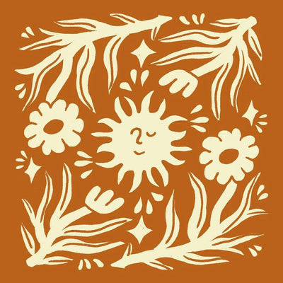 Painting on tan brown background of a graphic smiling sun surrounded by simple graphic stemmed flowers.