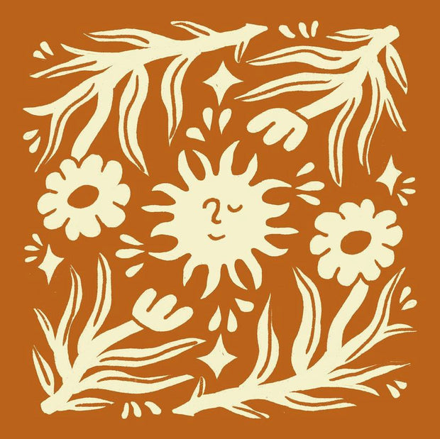 Painting on tan brown background of a graphic smiling sun surrounded by simple graphic stemmed flowers.