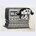 Illustration of a dog on an old-fashioned radio set with 'W.C.' on the screen, signed by Johnny A.N.