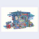 Ink and watercolor illustration of a shop set up, with the shopkeep sitting and looking off. He sells fruit and various packaged foods, 2 large pigeons sit atop the stall.