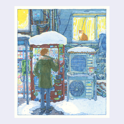 Ink and watercolor illustration of a person standing in front of a vending machine, during a snowy night. Large AC units are next to him and he looks up to a glowing window, with a cat sitting in it.
