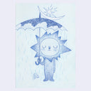 Illustration of a sun character holding an umbrella with a star above, on a light blue background.