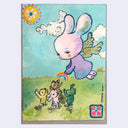 A whimsical illustration of a pastel pink bunny with angel wings and a rainbow, flying above a green field with small animals. The artwork has a light blue sky background and is photographed against a pale gray backdrop.