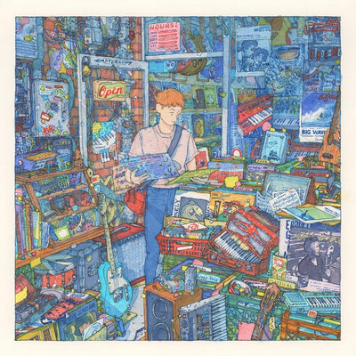 Finely detailed ink and watercolor drawing of a busy record and music store, with stacks of crates holding instruments, records, CDs and other music accessories. A short haired person with a sling bag looks through the piles.