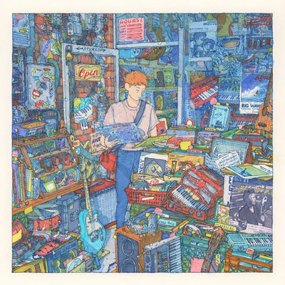 Finely detailed ink and watercolor drawing of a busy record and music store, with stacks of crates holding instruments, records, CDs and other music accessories. A short haired person with a sling bag looks through the piles.
