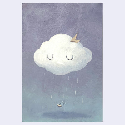 Painting of a white storm cloud with a simple, cartoon face. A small lightning bolt is in the upper right and it lightly rains over a small flower.