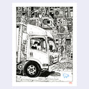 A black and white ink illustration of a truck driver sitting inside a truck, surrounded by stacks of vintage television sets. The print is shown with a white border on a light gray background.