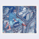 Illustration in blue, red and white of a person sitting inside of a space craft with almost all of the inner mechanical workings exposed for the viewer to see.