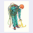 Illustration of a person in green coveralls with many cables, petting a cat on a light purple background
