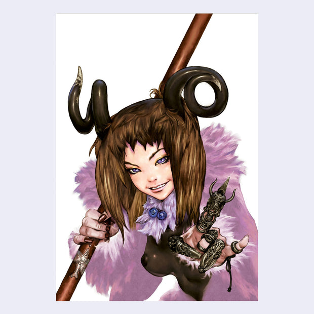 Full color fold out from Rakuda Laughs, featuring a woman with curled demon horns and a fluffy purple robe around her. She holds a staff and her other hand is adorned with many heavy looking rings.