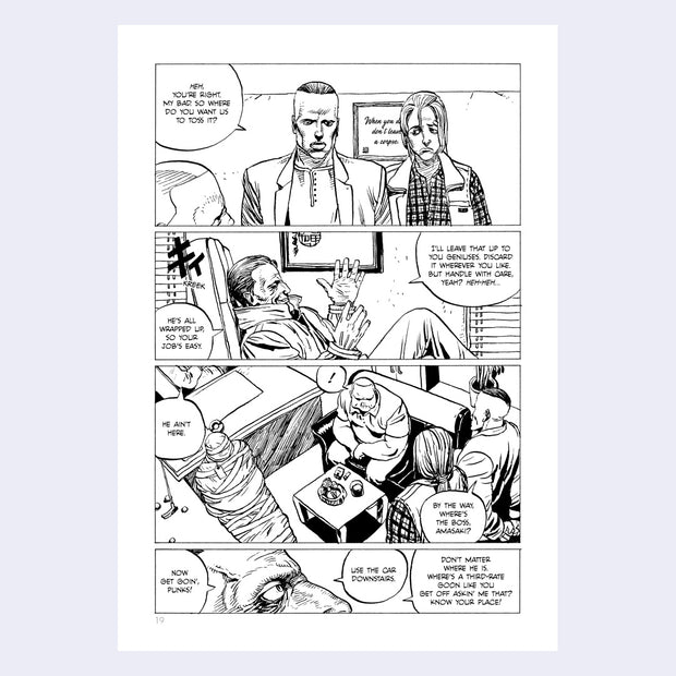 Black and white comic panel sample from Rakuda Laughs.