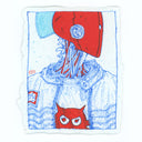 Blue and red ink drawing of a mech, with many wires in its neck and a red robotic helmet. It wears a leather jacket and t-shirt.