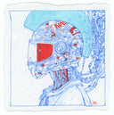 Blue and red ink drawing on paper of a robot, wearing a stickered helmet and with many wires coming out of its neck.