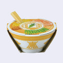Small ceramic planter, shaped and designed to look like a ramen bowl with small wooden chopsticks poking out. Packaging encases the bowl, which has plant growing seeds and medium inside.