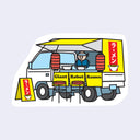 Die cut sticker of a cartoon man manning a ramen food truck, with 2 stools at the window and red lanterns on either side.
