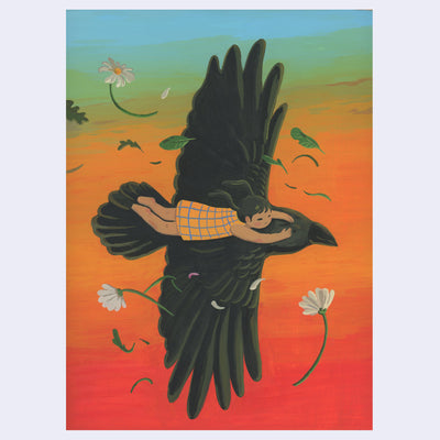 Colorful painting of a small tan girl in an orange plaid dress riding atop the back of a raven, with its wings fully spread open and tilted towards the viewer. White flowers blow in the wind and the background is an intense blue to orange/red sunset.