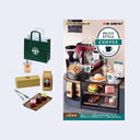 Miniature coffee shop set with various items and a Re-Ment logo.