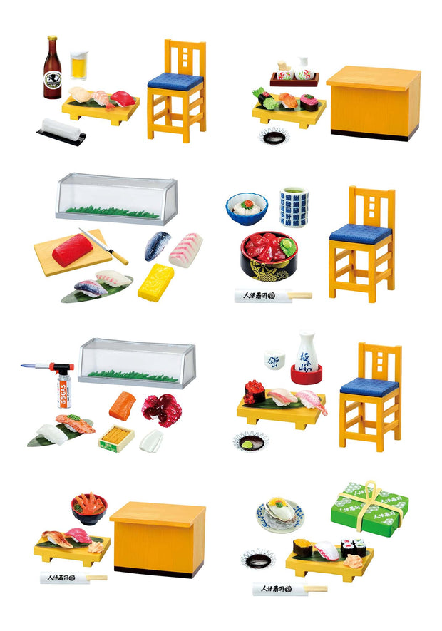 Collection of miniature sushi items and furniture on a white background