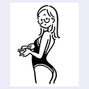 Black and white line drawing of a woman holding a book, she wears glasses and a one piece bathing suit.