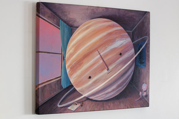 Painting of a large ringed planet in a small room. The room has a single poster on the wall, a flower on the floor and an issue of Giant Robot Magazine. An open window illuminates the room with warm pink tones.