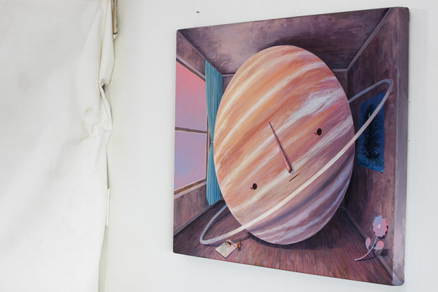 Painting of a large ringed planet in a small room. The room has a single poster on the wall, a flower on the floor and an issue of Giant Robot Magazine. An open window illuminates the room with warm pink tones.