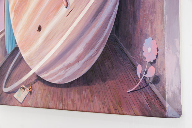 Painting of a large ringed planet in a small room. The room has a single poster on the wall, a flower on the floor and an issue of Giant Robot Magazine. An open window illuminates the room with warm pink tones.