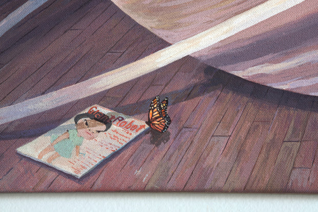 Painting of a large ringed planet in a small room. The room has a single poster on the wall, a flower on the floor and an issue of Giant Robot Magazine. An open window illuminates the room with warm pink tones.