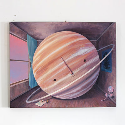 Painting of a large ringed planet in a small room. The room has a single poster on the wall, a flower on the floor and an issue of Giant Robot Magazine. An open window illuminates the room with warm pink tones.