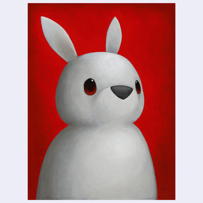 Painting of a white bunny with a softly rendered nature, it has red eyes and looks up to the right. It has a nose and no other facial or body features. Background is red.