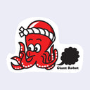 Die cut sticker of a red cartoon octopus dressed as a Japanese chef with a headband and emitting an ink cloud. Below it reads "Giant Robot"