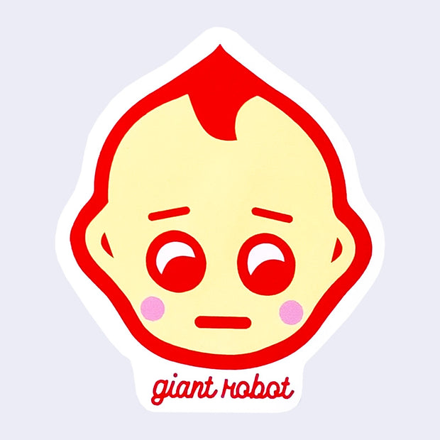 Die cut sticker featuring a stylized Kewpie baby face, with a slightly concerned look. It has a thick red outline and pink cheeks. Text below reads "giant robot"