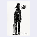 A black ink sketch on white paper showing a tall figure in a suit and hat with a speech bubble containing a bird head.