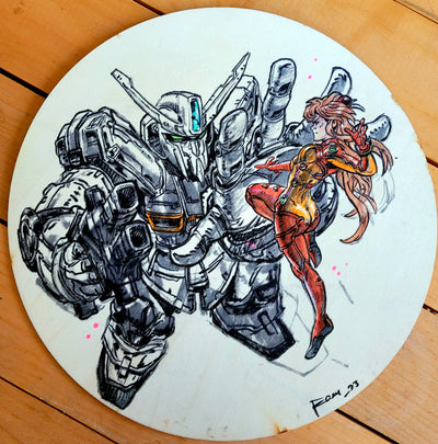 Sketch style marker illustration on exposed wooden panel of a large silver Gundam, with a gun in one hand and the other hand extended out. A woman wearing an orange and red bodysuit with long orange hair leaps in the air, countering his extended hand.
