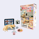 Re-ment miniature set packaging with toy figures of a cat, laptop, mouse, plate of cookies and coffee cup.