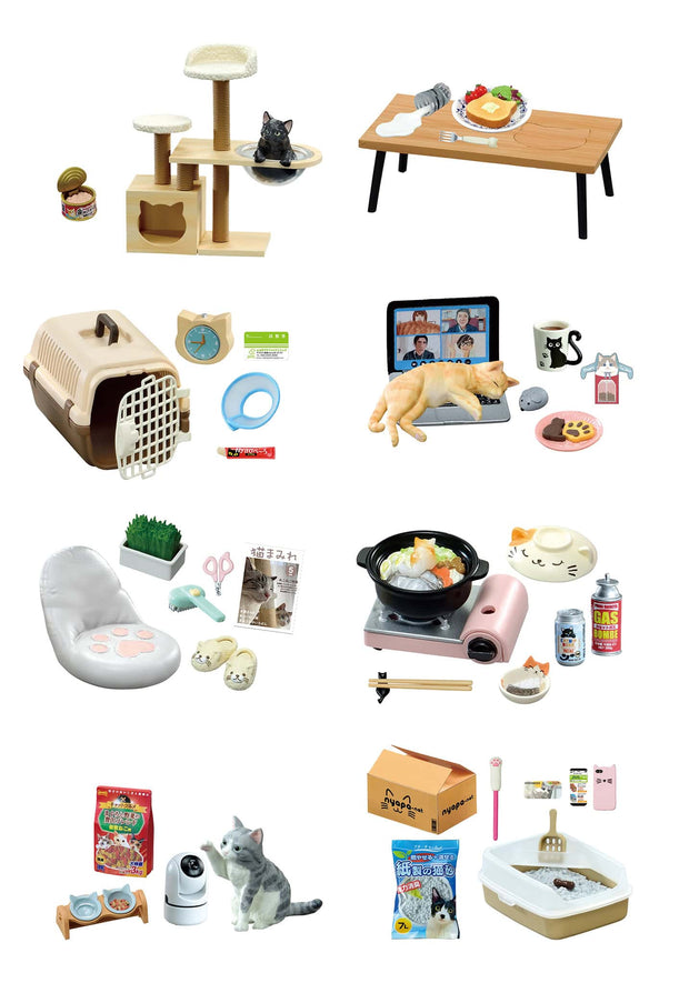 Collage of all 8 different re-ment Life W/ Cats blind box options - various pet and home products including a cat tree, food bowls, and toys.