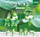 Set of green frog figurines on leaves with Japanese text and a brand logo.