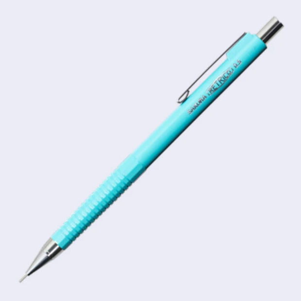 Bright blue bodied mechanical pencil with rigid grip and a small .5mm tip.