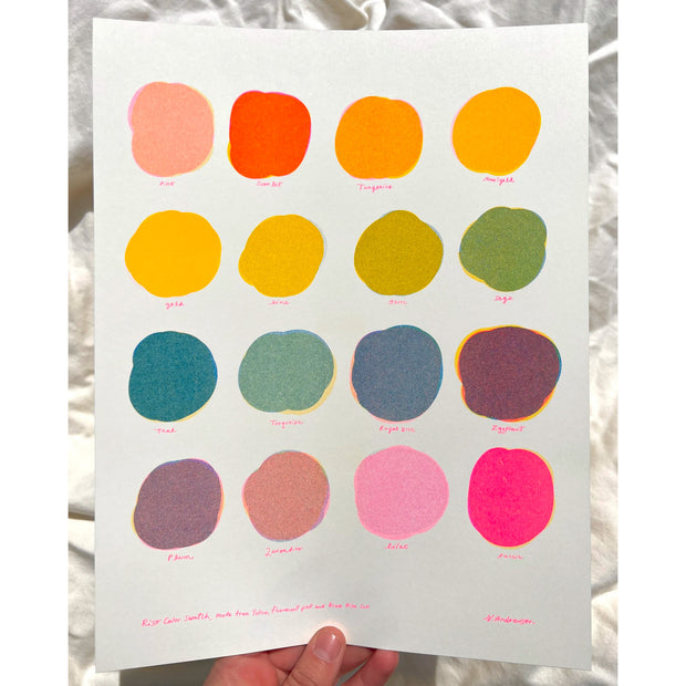 Print of 16 different colored swatches, showing the color combinations you can get from layering different colored inks. 