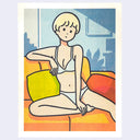 Illustration of a cartoon style girl sitting on a colorful couch in a light blue underwear set with silhouettes of furniture in the background.